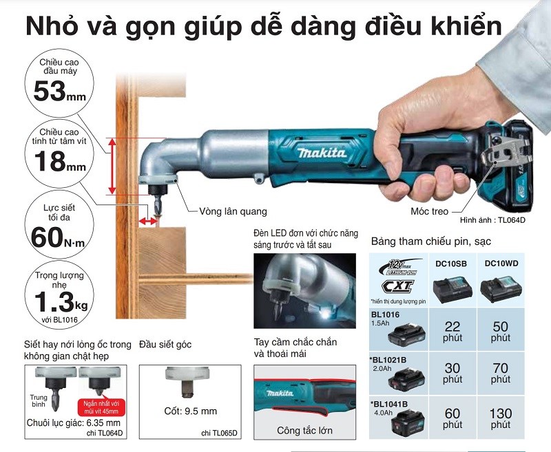 Tính năng của máy vặn vít góc Makita TL064DZ 