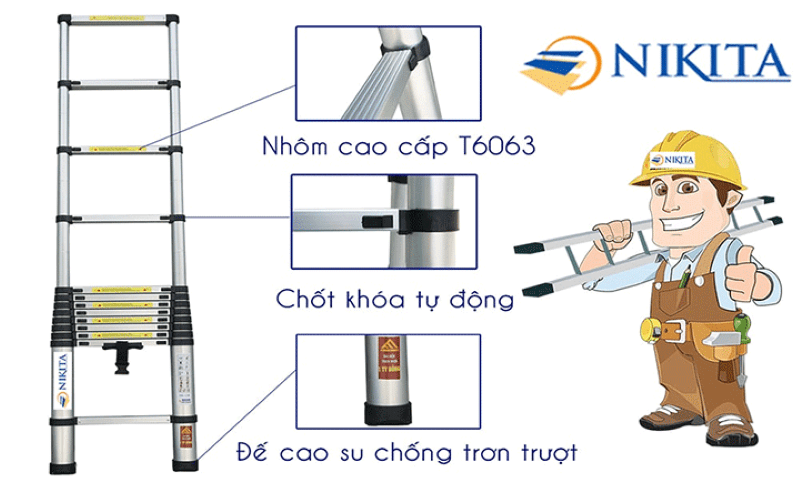 KN-R58 là thang nhôm rút đơn đa năng được trang bị hệ thống khóa tự động