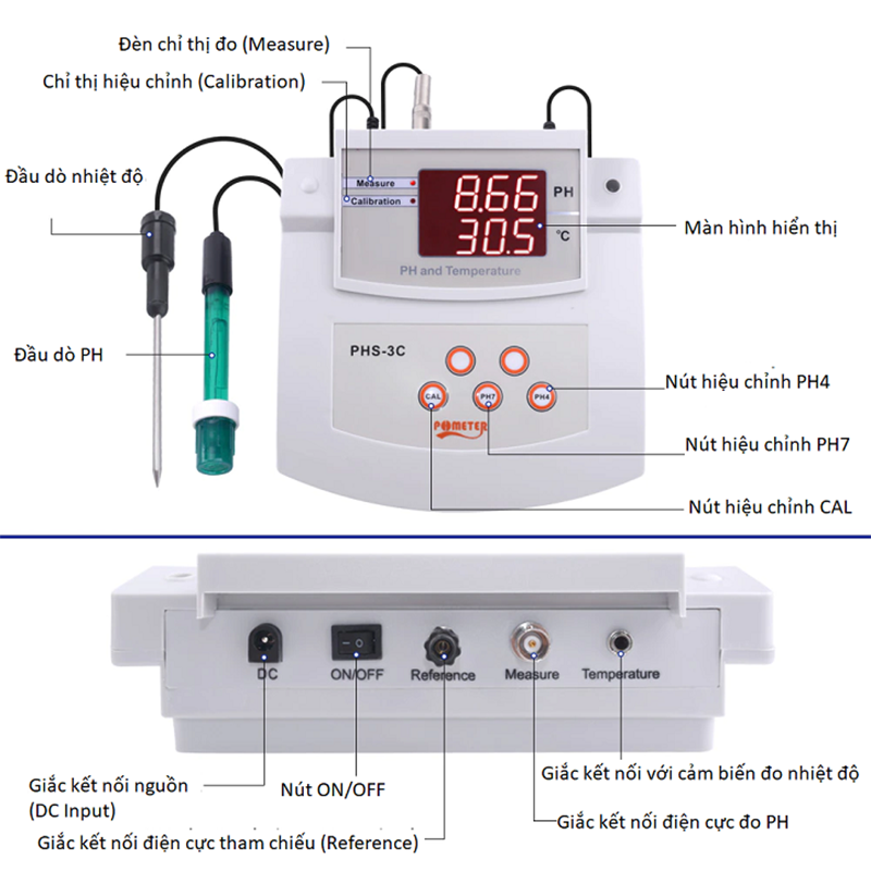 Cấu tạo máy đo pH Total Meter PHS-3C