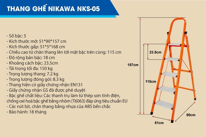 Thang nhôm ghế Nikawa NKS-05 thiết kế 5 bậc với nhiều đặc điểm nổi bật