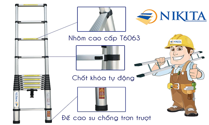 Thang nhôm rút đơn NIKITA có tính cơ động cao, kích thước nhỏ gọn dễ dàng di chuyển