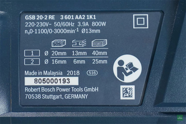 Thông số kỹ thuật làm việc của Bosch GSB 20 2re